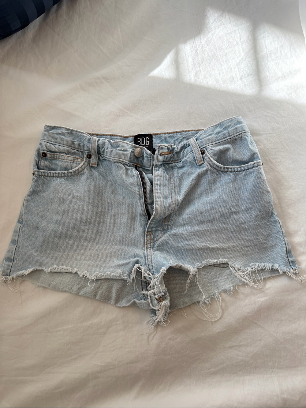 BDG Light Blue High-Rise Distressed Denim Shorts